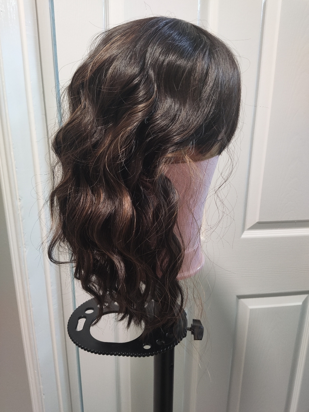 Wavy Bob Bangs Brown Mix Highlight Wig Synthetic Heat Resistant Short Shoulder